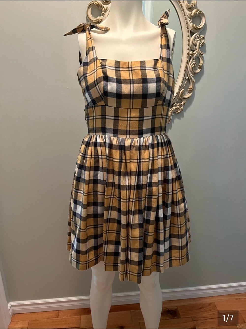 Plaid Tie-Shoulder Casual Dress in Mustard Yellow ( measurement in pictures)